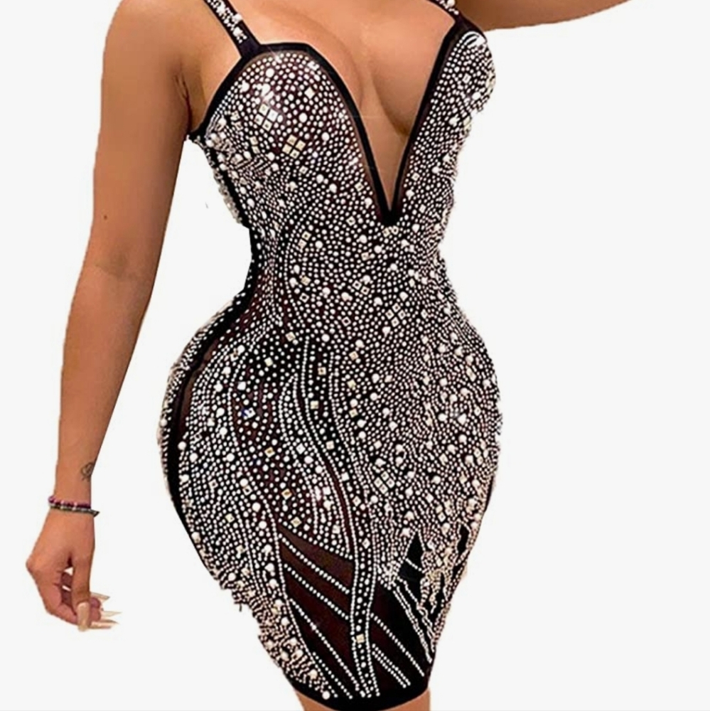 Rhinestone and pearl V-Neck Spaghetti Strap Bodycon Mini Dress. BRAND NEW